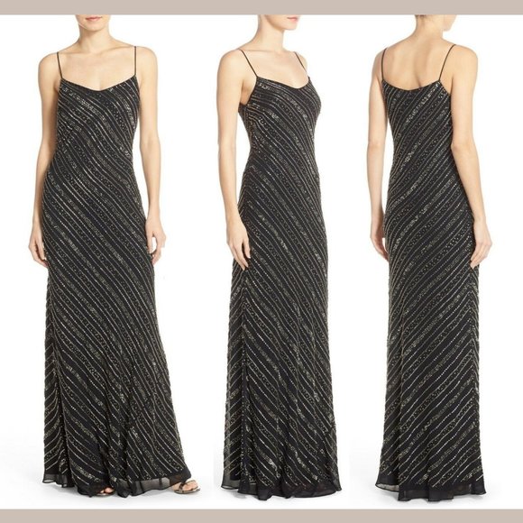 NWT $369‎ Adrianna Papell Bias Embellished Tank Gown in Black [SZ 4 ] - Picture 1 of 11